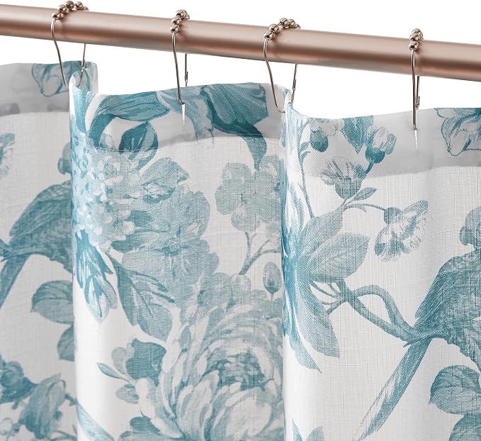 Lush Decor Bird and Hydrangea Toile Shower Curtain Single 72" W x 72" L Teal - Floral Shower Curtains for Bathroom - Bathroom Curtain - Vintage Decor