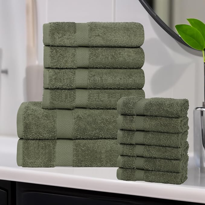 Superior 12-Piece Cotton Assorted Towel Set, Includes 6 Face Towel, 4 Hand, and 2 Bath Towels, Home, Bathroom, Guest Bath Essentials, Quick Dry, Absorbent, Franklin Collection - Forest Green