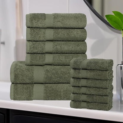 Superior 12-Piece Cotton Assorted Towel Set, Includes 6 Face Towel, 4 Hand, and 2 Bath Towels, Home, Bathroom, Guest Bath Essentials, Quick Dry, Absorbent, Franklin Collection - Forest Green