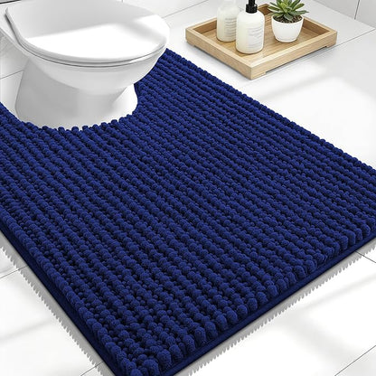 OLANLY Thick Chenille Toilet Rugs U-Shaped 24x20, Absorbent Bath Mat, Navy | Soft Shaggy Contour Bathroom Rugs for Toilet, Dry Quickly, Machine Washable, Non-Slip Bath Mat