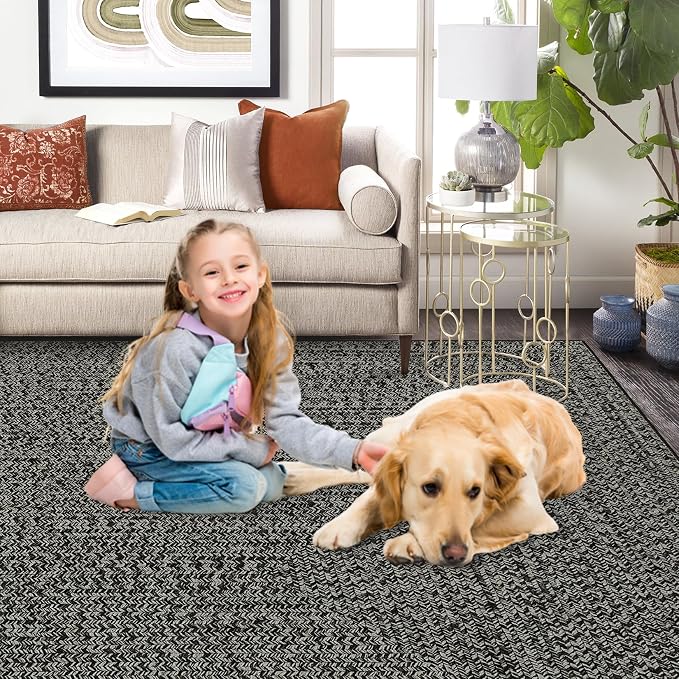 Washable Area Rug 10x13 Rug for Living Room Modern Rugs for Bedroom Imitation Braided Large Area Rug Non Slip Throw Rugs Stain Resistant Carpet for Nursery Dining Room 10'x13' Grey/Brown