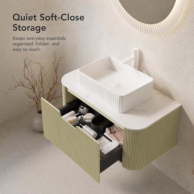 36 Inch Bathroom Vanity with Sink, Floating Wall Mounted Single Sink Vanity, Sage Green Curved Fluted Front, Stone Top, White Textured Rectangular Vessel Basin, Pre-Assembled