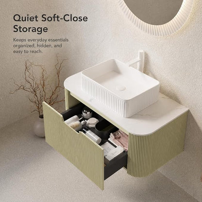 36 Inch Bathroom Vanity with Sink, Floating Wall Mounted Single Sink Vanity, Sage Green Curved Fluted Front, Stone Top, White Textured Rectangular Vessel Basin, Pre-Assembled