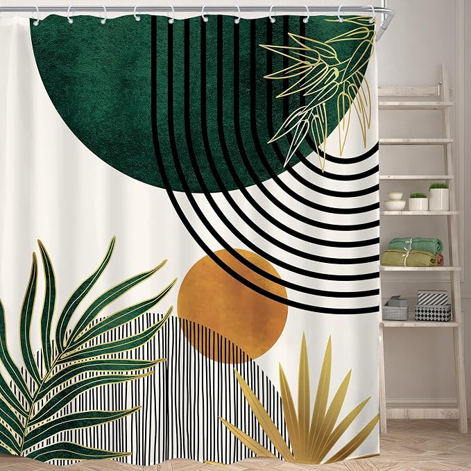 KOMLLEX Mid Century Green Boho Abstract Modern Bathroom Shower Curtain Set | 72Wx78L Plant Botanical design, waterproof HD print with fast-drying fabric and 12 hooks.