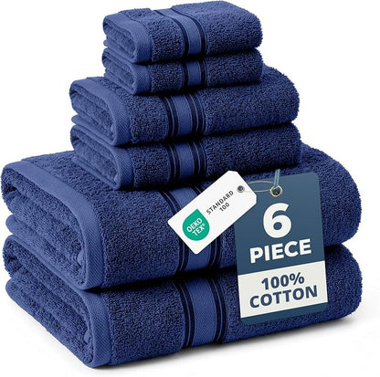 LANE LINEN Bath Towel Set 100% Cotton 6 Piece Soft Absorbent - Navy | Shower Towels - Generously Sized, Oversized & Roomy, Lightweight & Breathable, Fade-Resistant Color, Classic Terry Weave