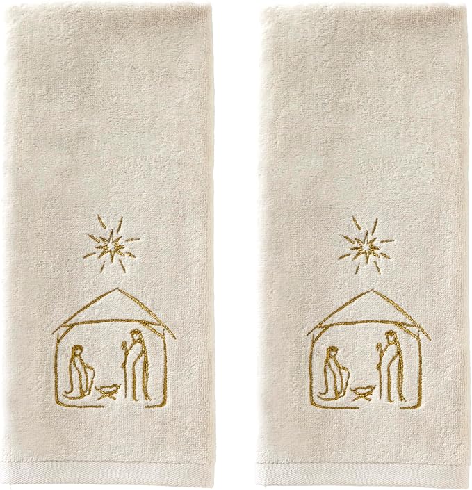 SKL Home Religious/Christmas Nativity Hand Towel Set-2pc, Natural | 100% Cotton. Soft, embroidered velour. Great for the bathroom, kitchen or bar & holiday gifting.