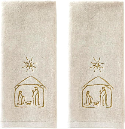 SKL Home Religious/Christmas Nativity Hand Towel Set-2pc, Natural | 100% Cotton. Soft, embroidered velour. Great for the bathroom, kitchen or bar & holiday gifting.