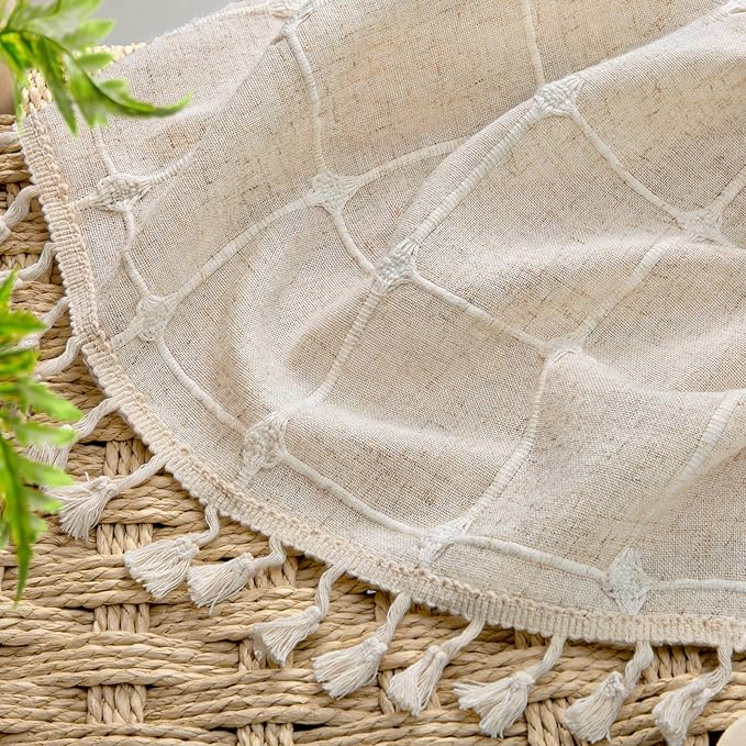 Beige Shower Curtain Linen Texture Farmhouse with Embroidered Plaid Pattern and Boho Tassels for Bathroom,72" W×72" L