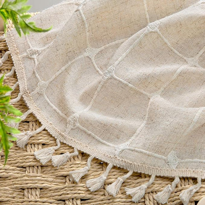 Beige Shower Curtain Linen Texture Farmhouse with Embroidered Plaid Pattern and Boho Tassels for Bathroom,72" W×72" L