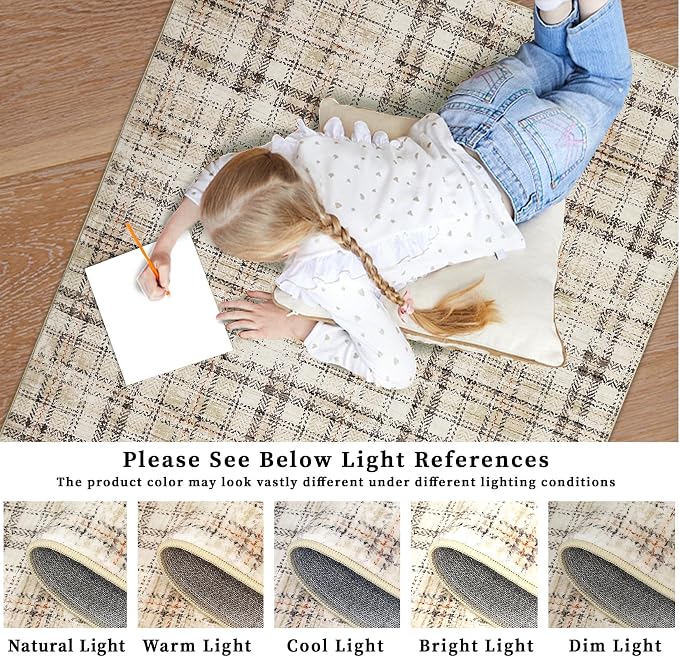 Washable Modern Tartan Plaid Non Slip Kitchen & Bedroom 2'x6' Beige Stain Resistant Throw Rug