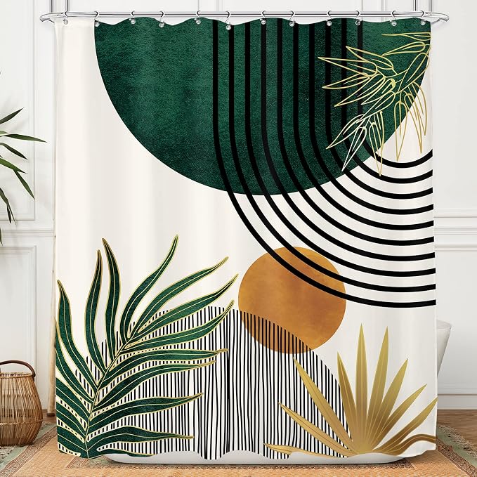 Mid Century Green Boho Shower Curtain Abstract Modern Bathroom Curtain Set | 60Wx72L Plant Botanical Palm Leaves Bathroom Curtains Fabric Waterproof Polyester 12 Hooks