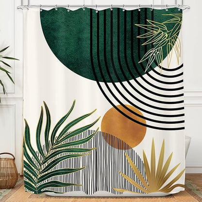 Mid Century Green Boho Shower Curtain Abstract Modern Bathroom Curtain Set | 60Wx72L Plant Botanical Palm Leaves Bathroom Curtains Fabric Waterproof Polyester 12 Hooks