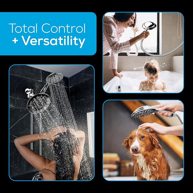 SparkPod Dual Shower Head - 8'' High Pressure 55-Mode Rain Shower Heads with Handheld Spray Combo - Rainfall, Handheld & Dual Mode - Easy Install 3-Way Showerhead with Hose & Holder (Polished Chrome)