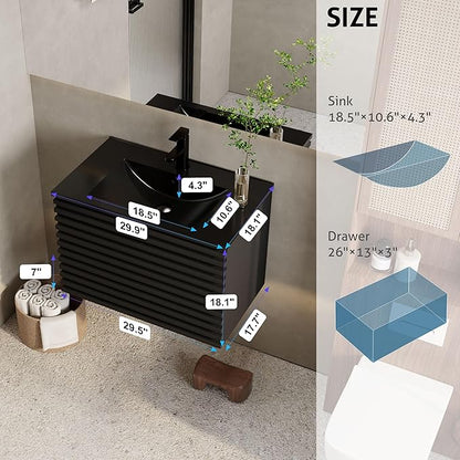eclife 30" Floating Bathroom Vanity with Sink Combo, Mid-Century Wall Mounted Cabinet with Wood Stripes Decor, Drawers, Undermount Single Black Sink, Faucet, Drain, Black