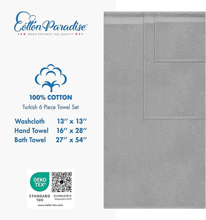 Cotton Paradise 6 Piece Towel Set 100% Cotton Soft Absorbent Turkish Towels for Bathroom 2 Bath Towels 2 Hand Towels 2 Washcloths Light Gray Towel Set