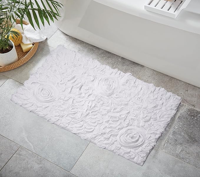 Home Weavers Bell Flower Collection 100% Cotton Tufted Bath Rugs, Extra Soft and Absorbent Bath Rugs, Non-Slip Bath Mats, Machine Washable, Bath Mats for Bathroom Floor, 24"x40" Rectangle, White