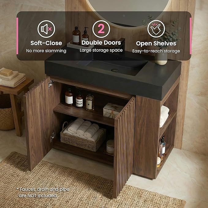 36" Bathroom Vanity with Sink Combo, Mid Century Modern Bathroom Cabinet with Doors & Open Shelf, Matte Black Integrated Sink with Overflow, Brown Walnut
