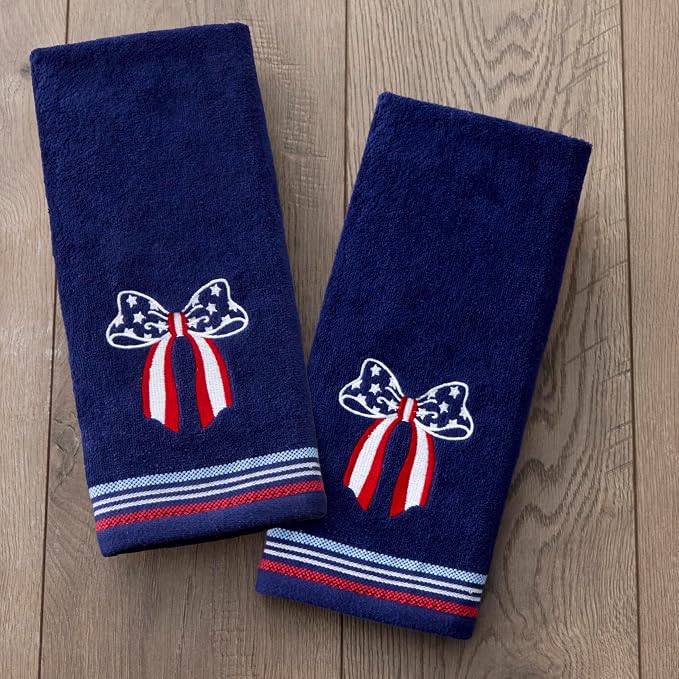 SKL Home Americana Bow Hand Towel Set-2pc, 100% Cotton, Embroidered, Navy | Fun for Memorial Day, 4th of July, Labor Day & all patriotic holidays. For use in the bathroom, kitchen or bar.