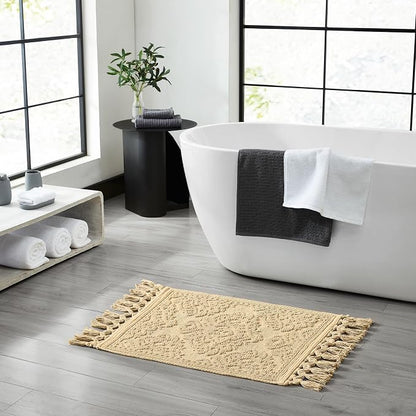 Jean Pierre - Ricardo Bath Mat, Woven Fringe Bathroom Rugs, 100% Cotton, Premium Bathroom Decor - Measures 17" x 31" - Linen