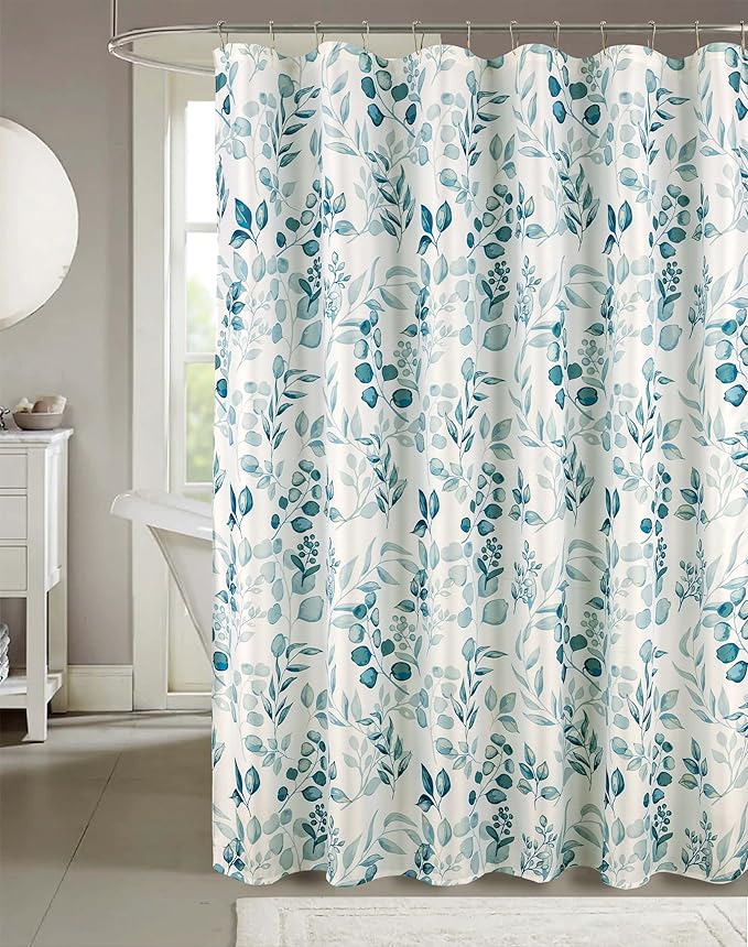 Serafina Home Hotel Quality Fabric Bathroom Shower Curtain: Floral Leaf Damask - Teal, Green and White (72 x 70 inches)