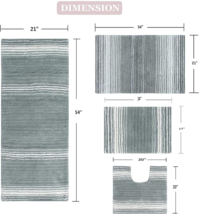 Home Weavers 100% Cotton Gradiation Collection Bathroom Décor | Washable Rug | Bathroom Mat | Kitchen Mat | Bathroom Rug Set | Bath Mat Set | Bath Floor Mat Non Slip, 4 Piece Set with Runner, Gray