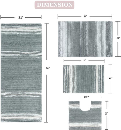 Home Weavers 100% Cotton Gradiation Collection Bathroom Décor | Washable Rug | Bathroom Mat | Kitchen Mat | Bathroom Rug Set | Bath Mat Set | Bath Floor Mat Non Slip, 4 Piece Set with Runner, Gray