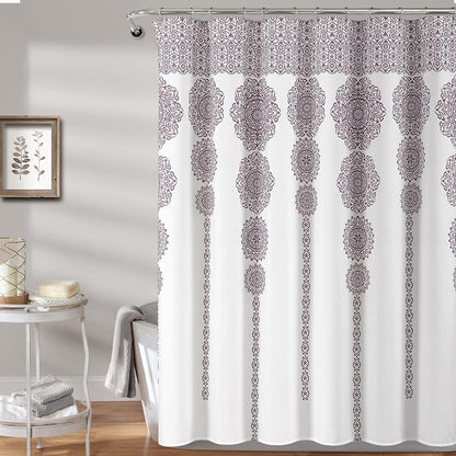 Lush Decor Stripe Medallion Shower Curtain-Fabric Mandala Bohemian Damask Print Design, 72" x 72", Purple