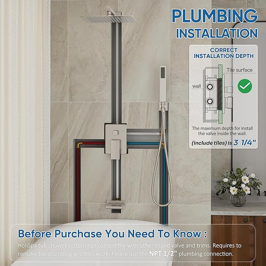 Tub Shower System, All Metal Tub Shower Faucet Set with 12" Rain Shower Head and Handheld Spray combo, Wall Mounted Shower Systems with Tub Spout, Valve and Trim Kit, Brushed Nickel