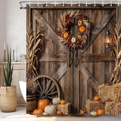Fall Rustic Barn Door Shower Curtain, Autumn Thanksgiving Pumpkin Farmhouse Brown Wood Board Shower Curtain Set Bathroom, Western Farm Harvest Fabric Bath Decor with Hooks,60X70IN