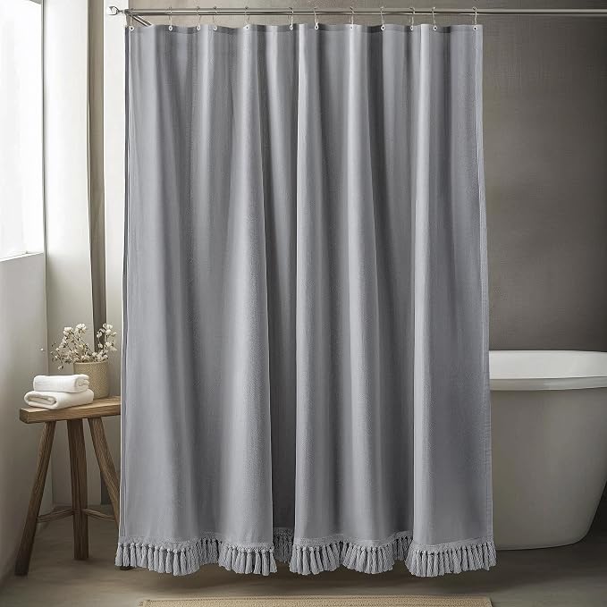 Linen Shower Curtain Boho Grey Shower Curtain with Tassels 72"W x 72"L | Thick linen-poly blend, soft textured drape, handcrafted fringe, neutral rustic farmhouse bathroom decor