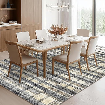 Washable Rugs 9 x 12 Rug for Living Room Farmhouse Rug for Bedroom Large Area Rug Plaid Non Slip Carpet Throw Rugs for Dining Room Stain Resistant Office Classroom, Blue/Beige
