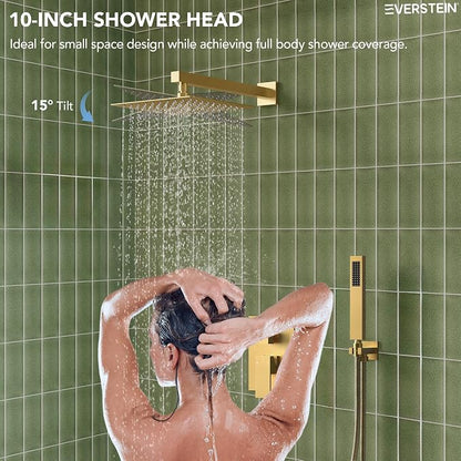 Shower Tub Faucet Set, 10" Bathroom Rainfall Shower Head Fixtures Combo with Handheld Spray and Tub Spout, Brushed Gold (Valve Included)