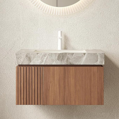 30” Floating Bathroom Vanity with Sink, Wall-Mounted Cabinet with Drawer & Doors, Gray Travertine-Pattern Sintered Stone Top, Undermount Basin, Single Faucet Hole, Soft-Close, Pre-Assembled, Brown Oak
