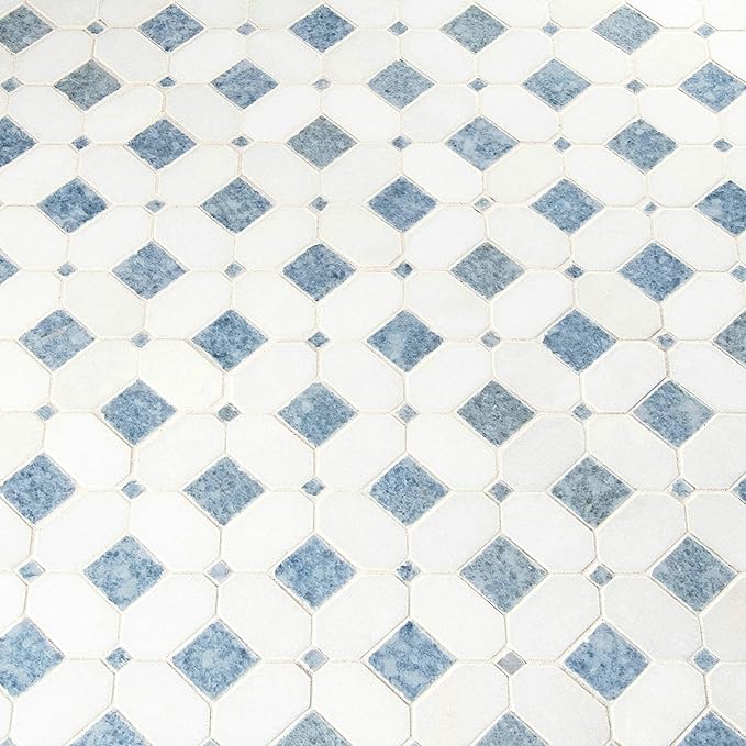 MSI Azula Hatchwork 12 in. x 12 in. Geometric Squares Polished Marble Mesh-Mounted Mosaic Wall Tile for Bathroom, Floor Tile and Kitchen Backsplash, White, Blue