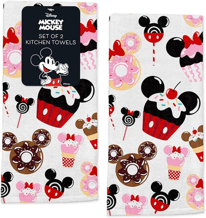 Disney Mickey & Minnie Cotton Kitchen Towels, 2-Pack 16"x26", Absorbent | Durable, colorfast dish towels resist fraying, machine washable, dries dishes, hangs on oven handles, great for gifting