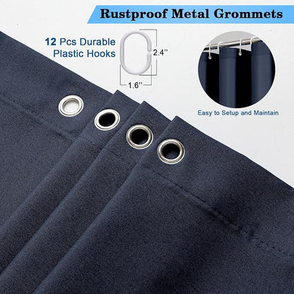 Zora 78 Inch Shower Curtain Set with 12 Plastic Hooks, Plain Fabric Shower Curtain for Bathroom - Long Shower Curtain, Water Resistance, Machine Washable Soft Cloth, 72WX78L, Navy Blue