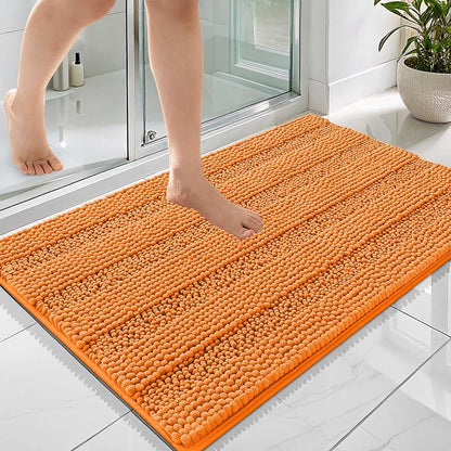 OLANLY Thick Bathroom Rugs 36x24, Soft Chenille Striped Bath Rugs, Orange | Rubber Backing, Machine Wash, Extra Absorbent Bath Mats for Bathroom Floor, Tub and Shower, Home Decor Accessories