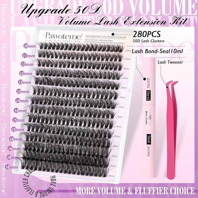 Lash Extension Kit DIY Individual Lash Clusters Kit Full 50D with Lash Bond and Seal and Lash Applicator, 9-16mm Clusters Eyelash Extension Kit at Home (Full 50D, 9-16mm, Kit)