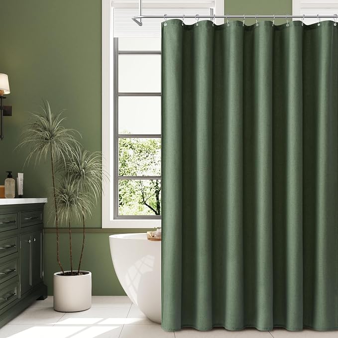 Olive Green Shower Curtain 84 inches Long, Linen Rustic Weighted Fabric Shower Curtain Set with Hooks, Bohemian Country Thick Bath Curtains for Bathroom,72x84