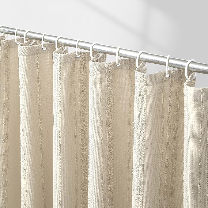 Beige Shower Curtain Boho, 72 x 72 Cotton Blend Waffle Weave Stripe Textured Heavy Duty, Fabric Shower Curtain for Bathroom, Hotel, Washable