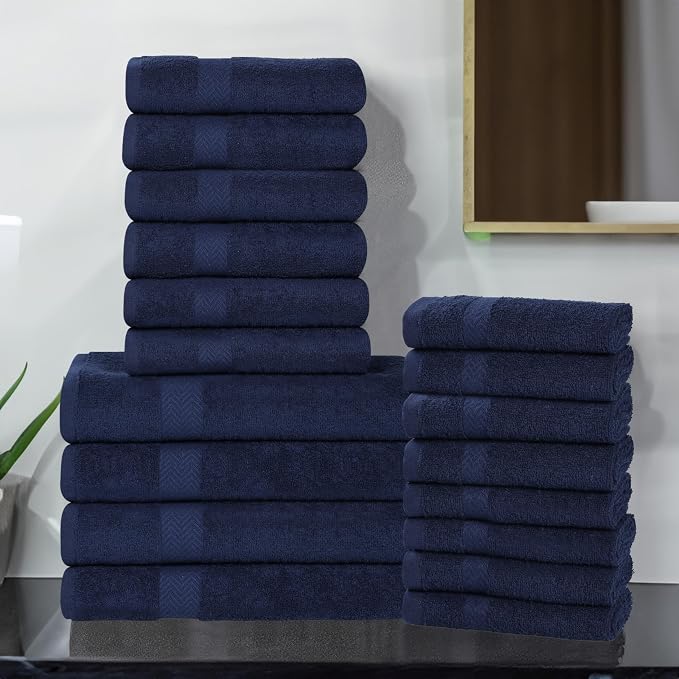 SUPERIOR 18-Piece Cotton Assorted Towel Set, Includes 8 Face Towel, 6 Hand, and 4 Bath Towels, Home, Bathroom, Guest Bath Essentials, Quick Dry, Absorbent, Franklin Collection - Navy Blue