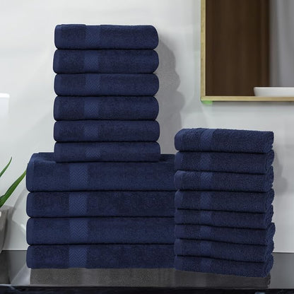 SUPERIOR 18-Piece Cotton Assorted Towel Set, Includes 8 Face Towel, 6 Hand, and 4 Bath Towels, Home, Bathroom, Guest Bath Essentials, Quick Dry, Absorbent, Franklin Collection - Navy Blue