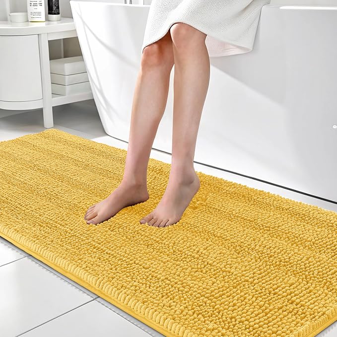 OLANLY Thick Bathroom Runner Rugs 70x24, Chenille Long Bath Rugs, Yellow | Soft Absorbent Striped, Rubber Backing, Machine Wash, Bath Mats for Bathroom Floor, Tub and Shower, Home Decor Accessories