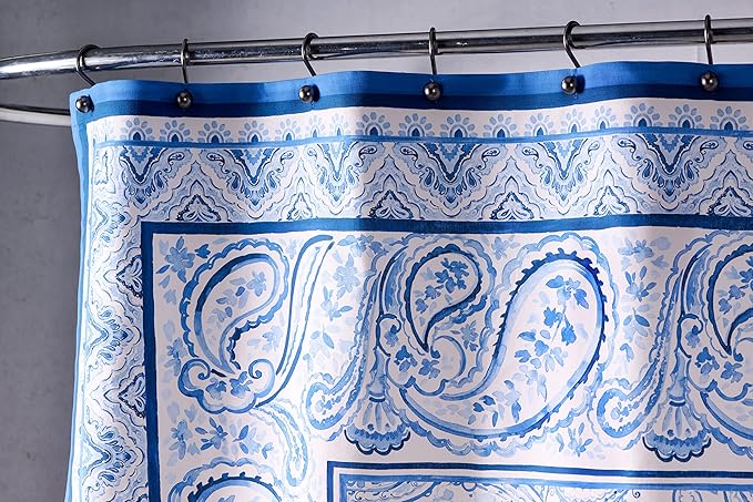 Maison d' Hermine Shower Curtain 100% Cotton One Panel 70"x72" Washable Fabric Shower Curtains for Bathroom, Easy Hanging with 12 Button Holes -Hotel Spa Easter Gifts (Palatial Paisley - Blue)