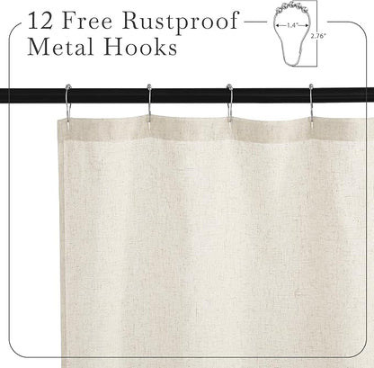 KGORGE Natural Linen Blend Sheer Shower Curtains for Bathroom | Semi-Sheer Waterproof Fabric Lightweight Button Hole for Bathtub, 12 Rust-Proof Hooks Included, W72 x L84