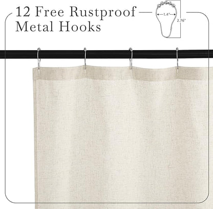 KGORGE Natural Linen Blend Sheer Shower Curtains for Bathroom | Semi-Sheer Waterproof Fabric Lightweight Button Hole for Bathtub, 12 Rust-Proof Hooks Included, W72 x L96