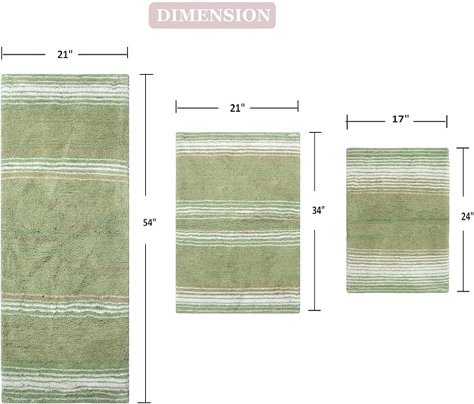 Home Weavers 100% Cotton Gradiation Collection Bathroom Décor | Washable Rug | Bathroom Mat | Kitchen Mat | Bathroom Rug Set | Bath Mat Set | Bath Floor Mat Non Slip, 3 Piece Set with Runner, Sage