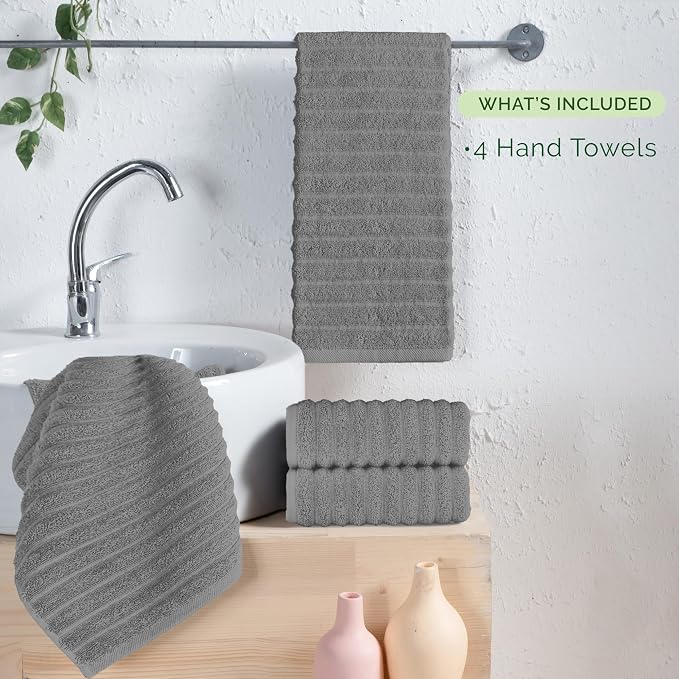 Elegant Comfort Luxury 100% Turkish Cotton Corduroy Ribbed 4 Pack Hand Towel Set 16 x 28 Inch - Absorbent, Super Soft, Quick Dry, Premium Towels for Bathroom, Gym, Spa and Hotel Use, Gray