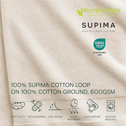 Lacoste Heritage Anti-Microbial Supima Cotton 6-Piece Towel Set, 2 Bath Towels, 2 Hand Towels, 2 Washcloths, Chalk – Highly Absorbent & Quick Drying, Bathroom Essential, Machine Washable