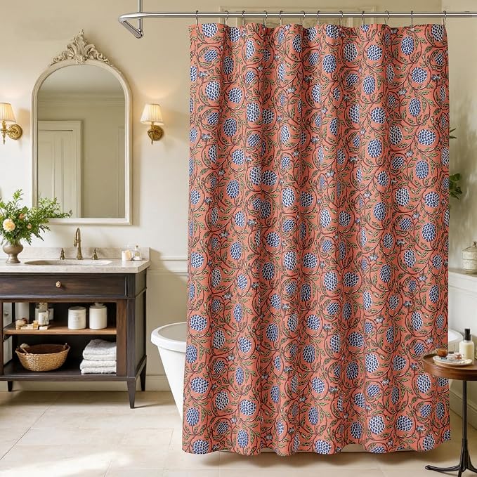 MUGINYU Boho Burnt Orange Floral Shower Curtain - 72x72 Inches,Cotton Blend Cloth Fabric, Botanical Coral Block Print Pattern for Rustic Farmhouse Frenchy Bathroom